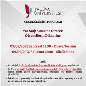 Yaz Stajı Sözlü Sınav (Mülakat) ve Dosya Teslim Tarihi