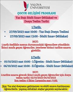 Yaz Stajı Sözlü Sınav (Mülakat) ve Dosya Teslim Tarihi